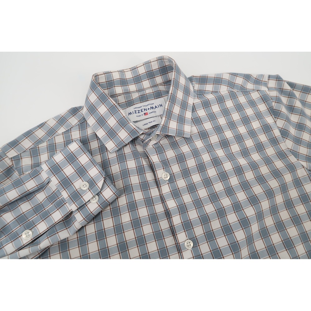 Mizzen Main Button Front Shirt Mens Large Trim Fit Blue Plaid Leeward Collection